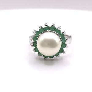 Emerald Halo Pearl Sterling Silver Ring Size 6